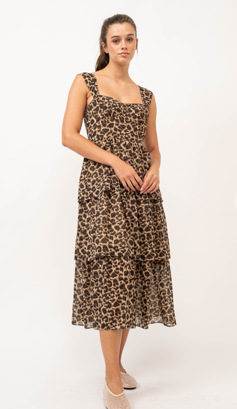 Leopard Ruffle Layered Midi Dress