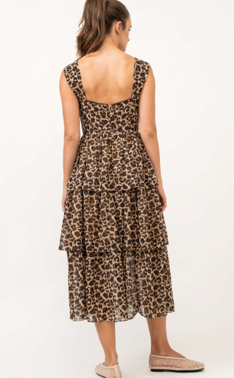 Leopard Ruffle Layered Midi Dress