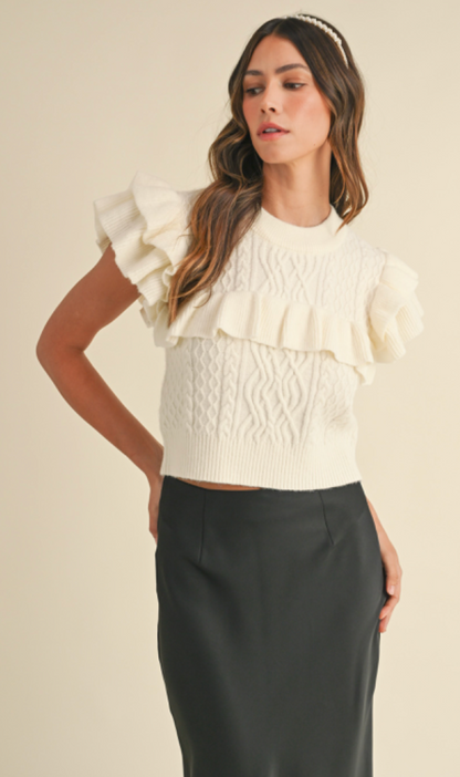 Ruffled Yoke Sweater Cream