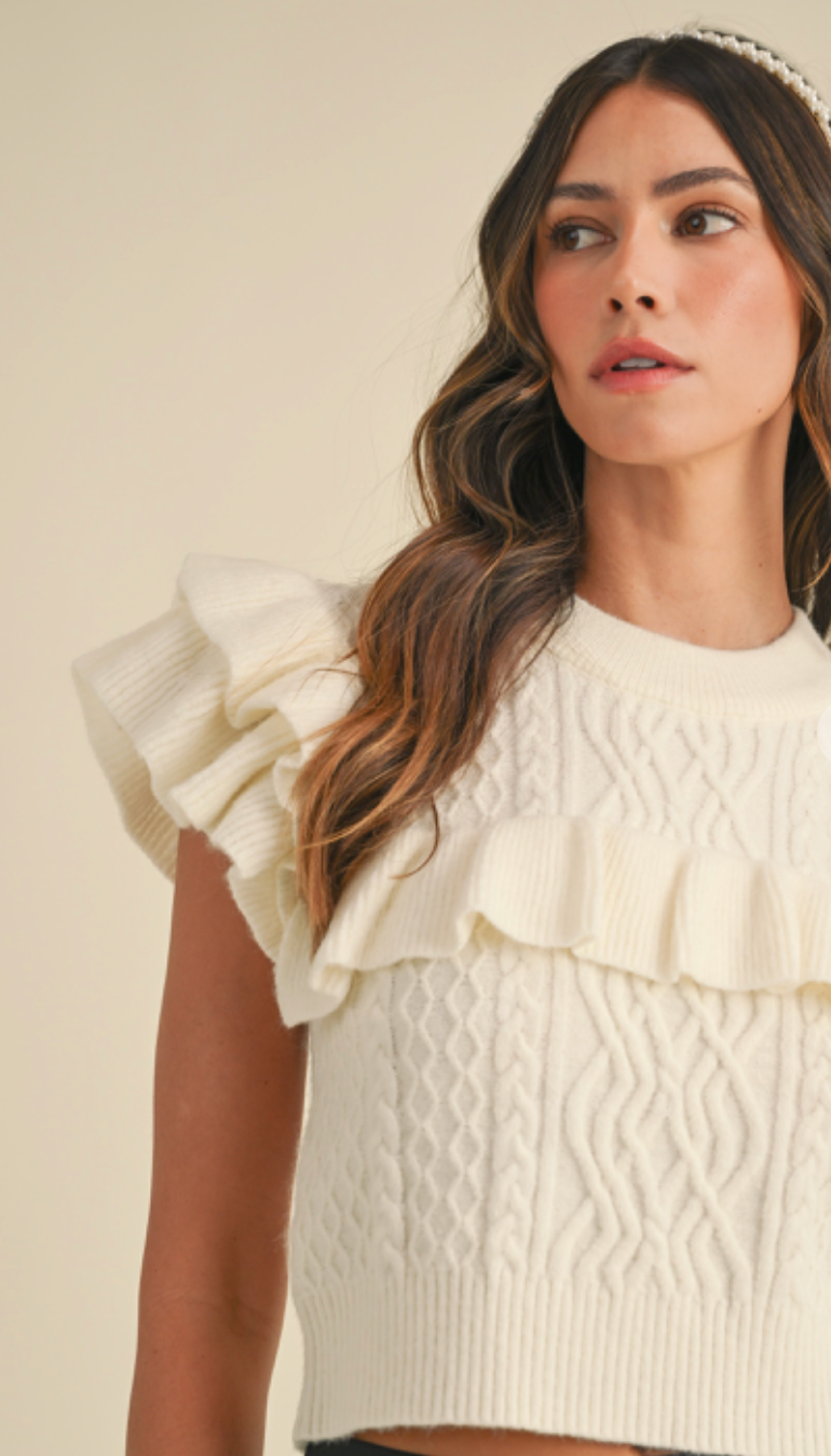 Ruffled Yoke Sweater Cream