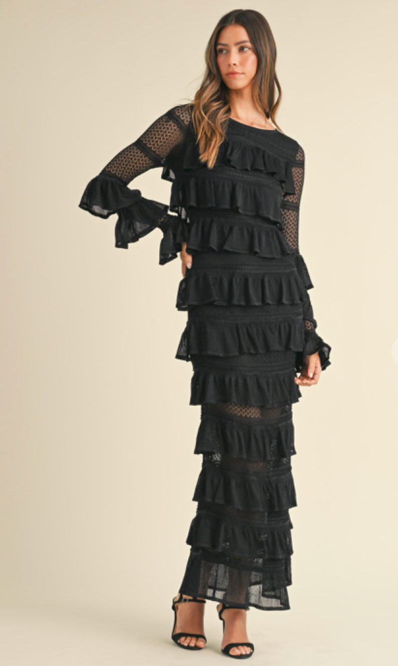 Leo Long Tiered Knit Dress Black