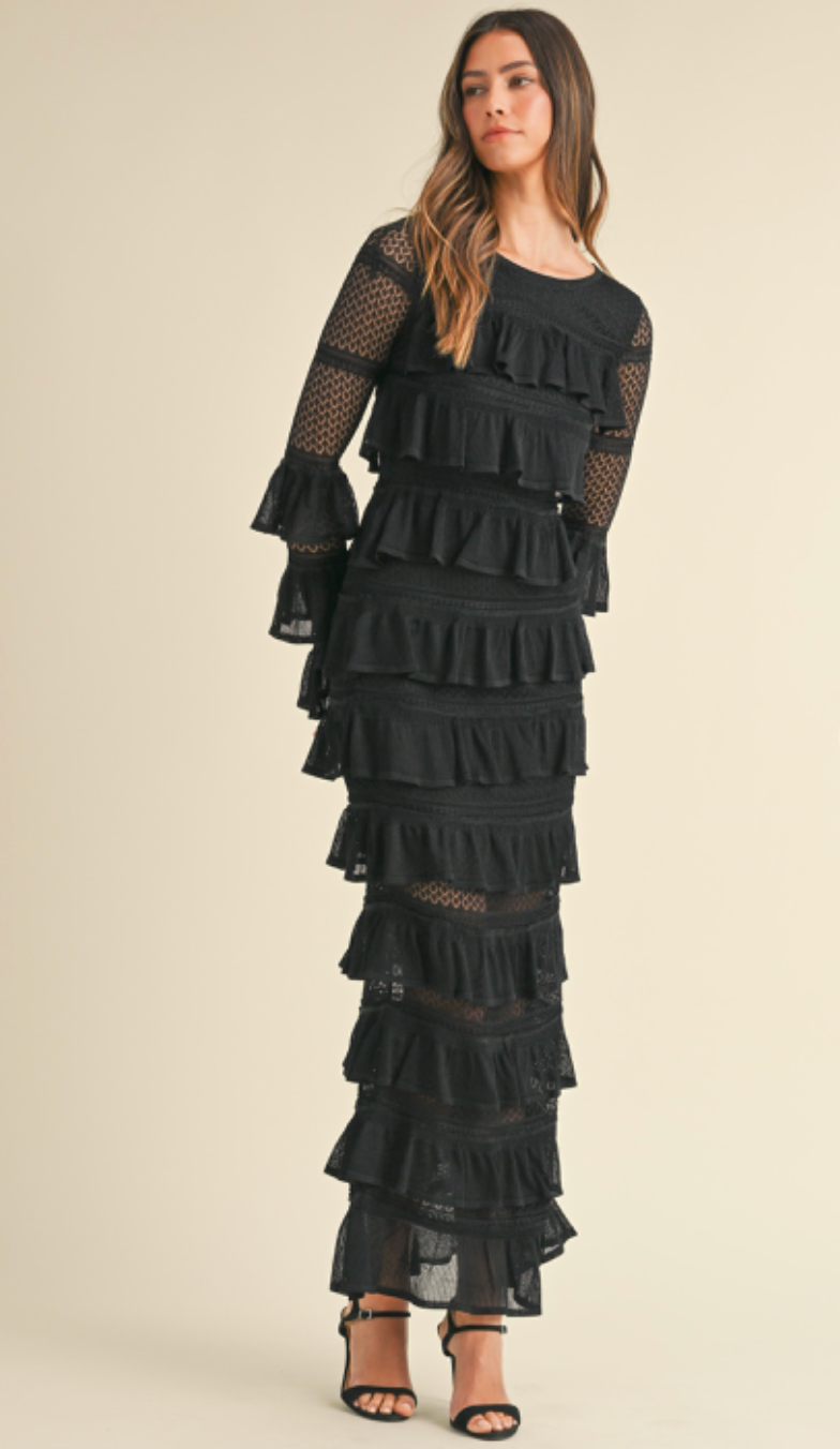 Leo Long Tiered Knit Dress Black