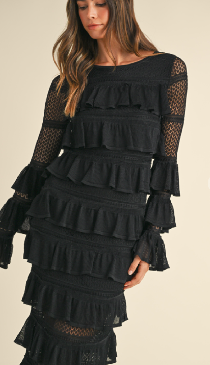 Leo Long Tiered Knit Dress Black