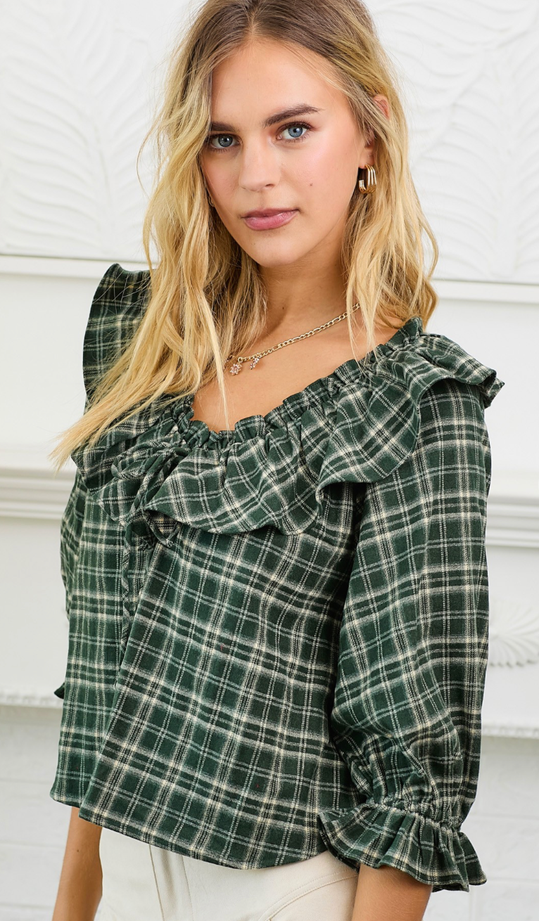 Plaid Ruffle Collar Blouse