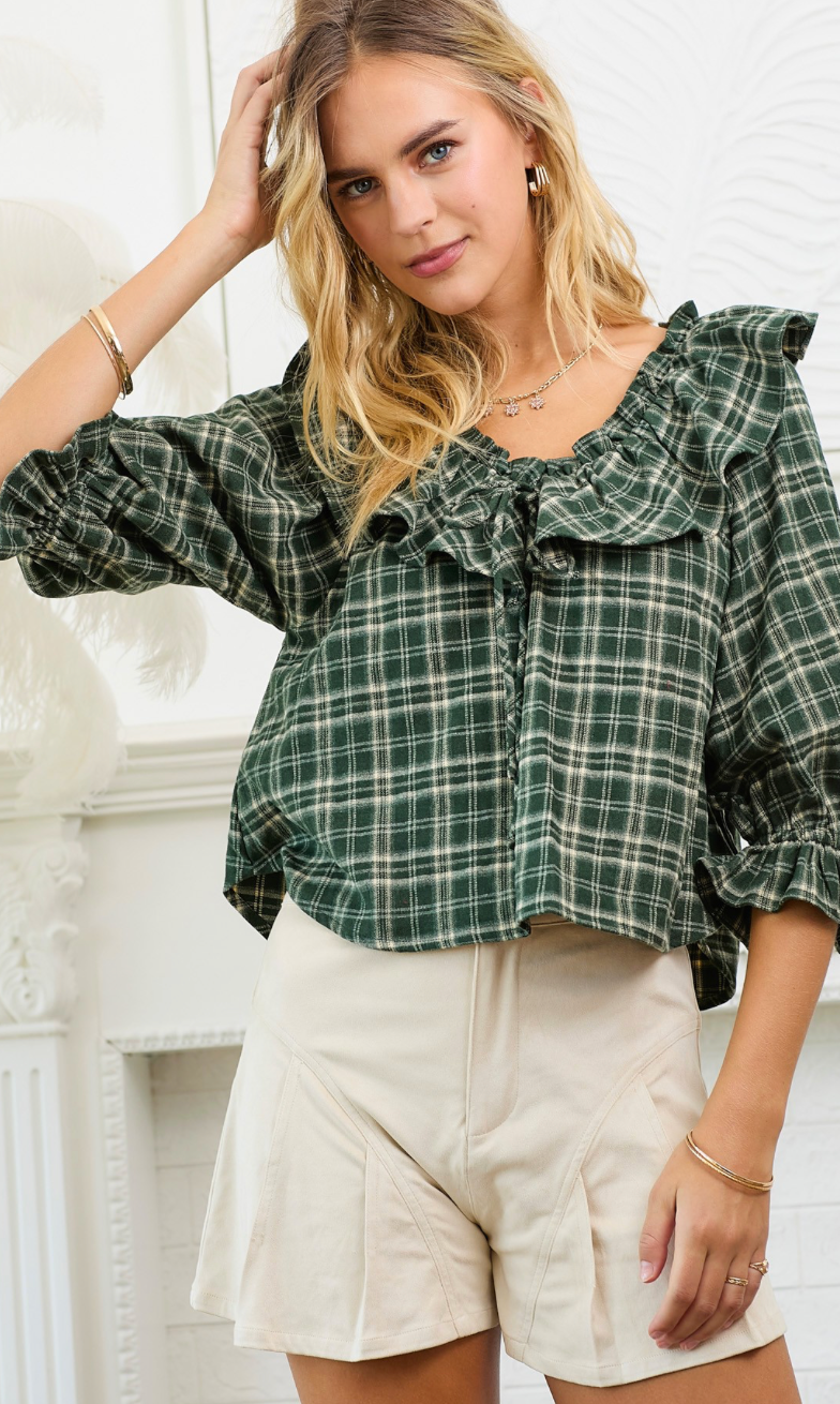 Plaid Ruffle Collar Blouse