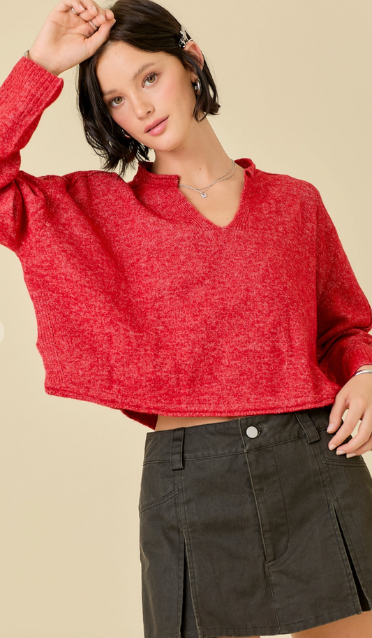 Red V-neck Sweater Top