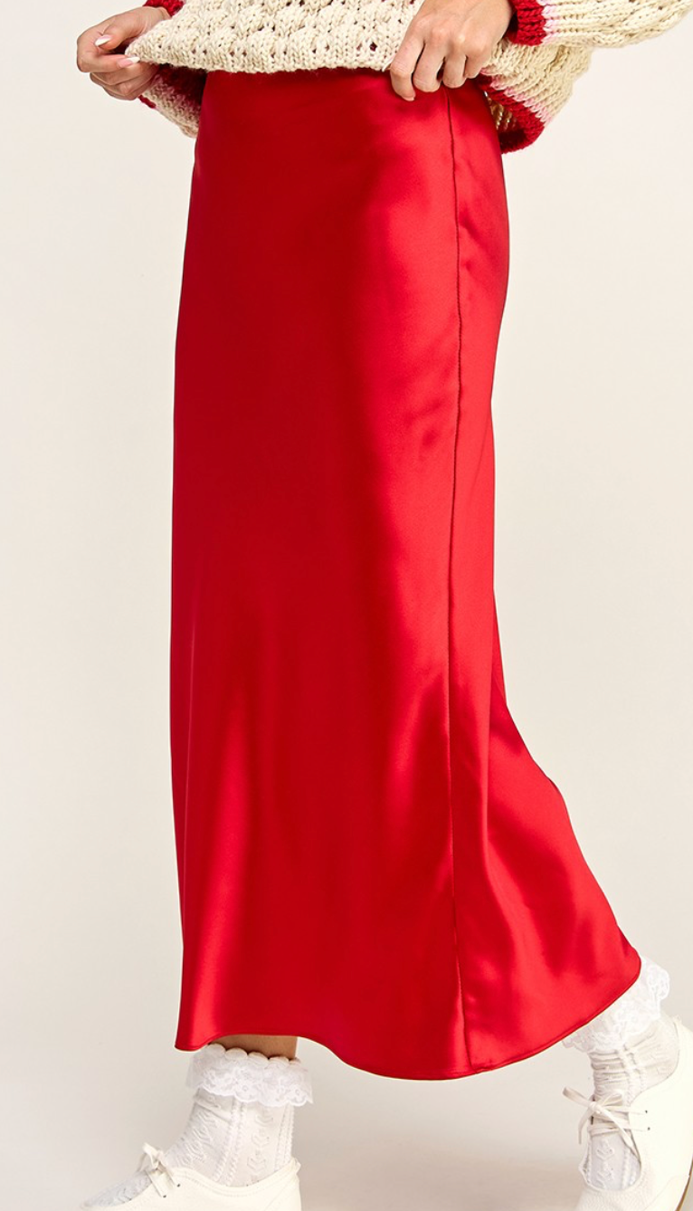 Satin Midi Skirt Red