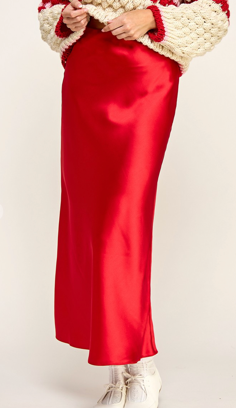 Satin Midi Skirt Red