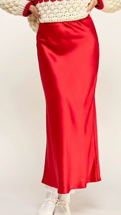 Satin Midi Skirt Red