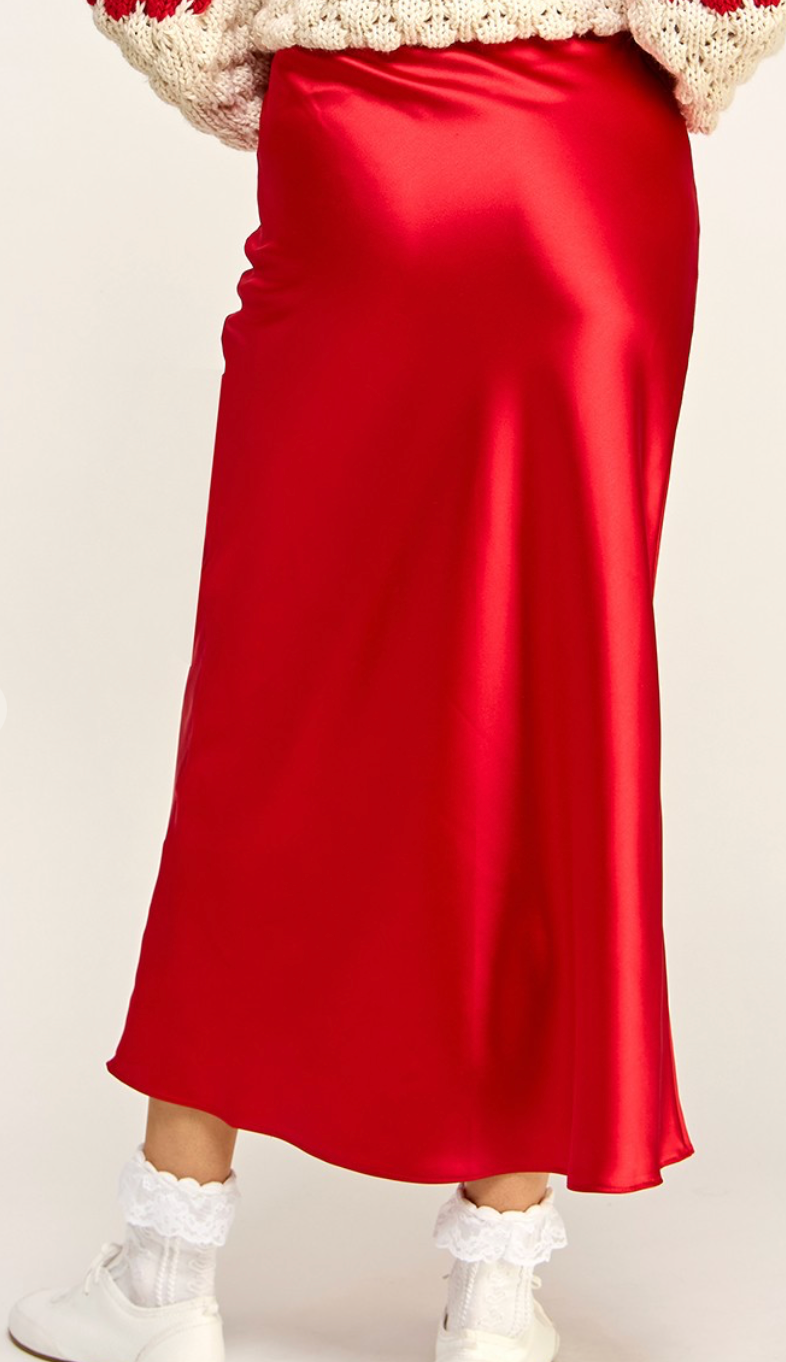 Satin Midi Skirt Red