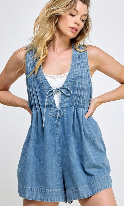 Pintuck Pleats Denim Romper