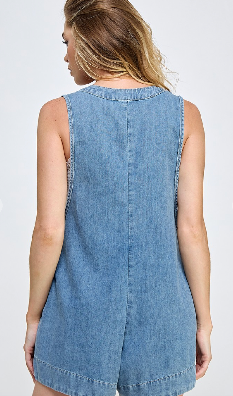 Pintuck Pleats Denim Romper