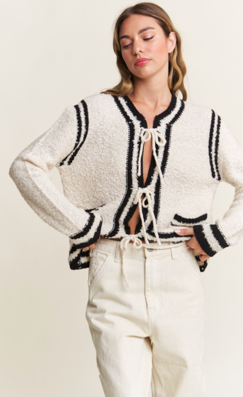 Brooklyn Tied Cardigan Ivory/Black