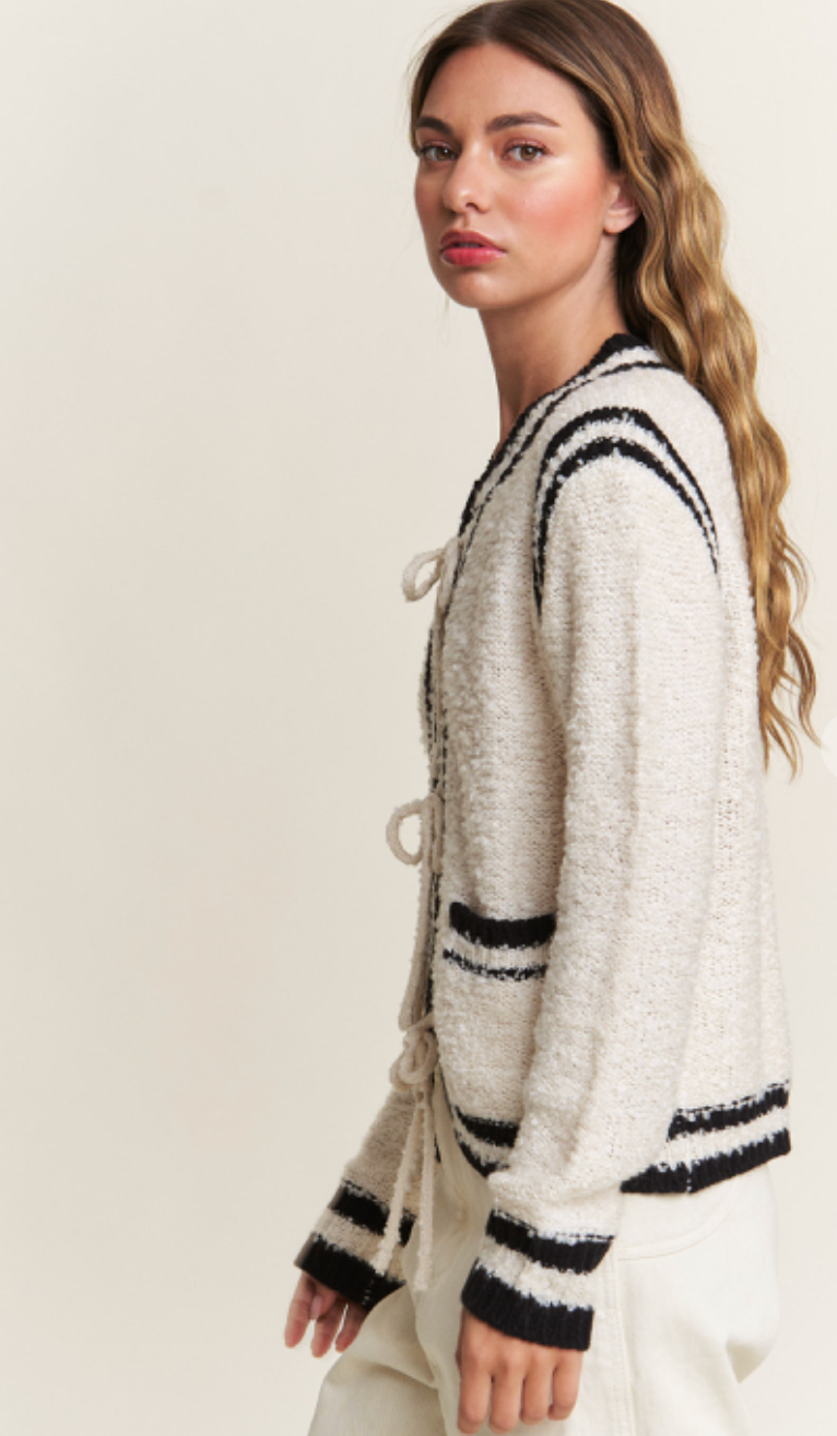 Brooklyn Tied Cardigan Ivory/Black