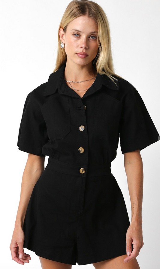 Collared Button Up Romper Black