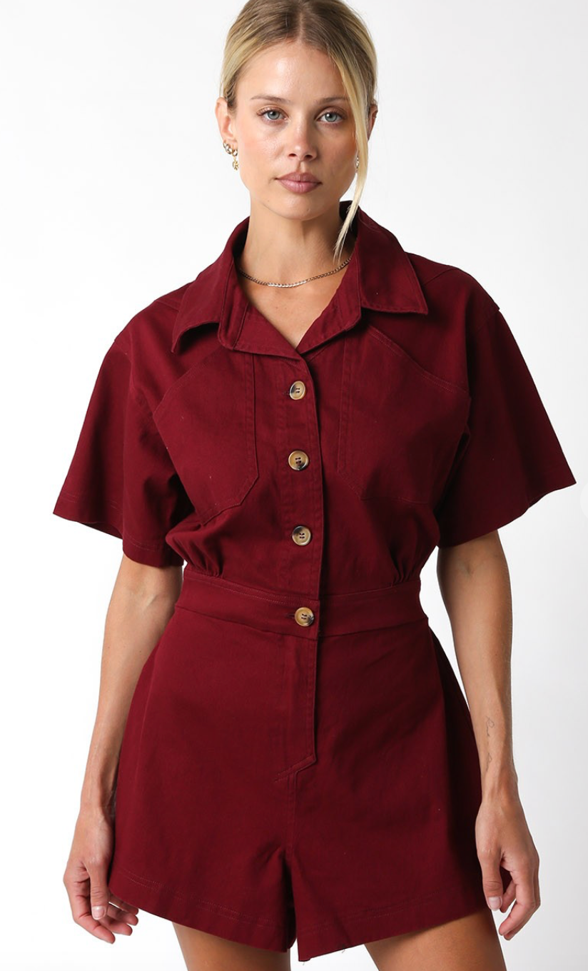 Collared Button Up Romper Maroon