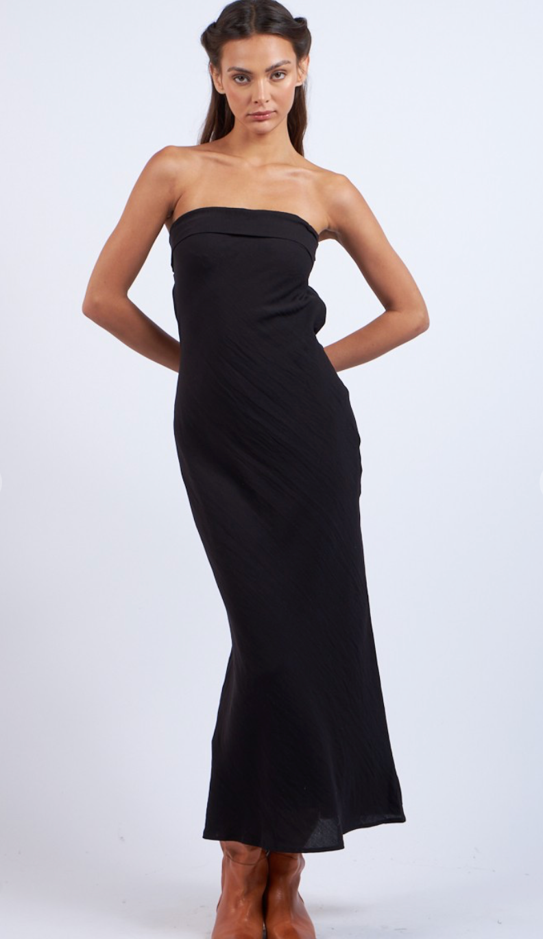 Strapless Satin Midi Dress Black