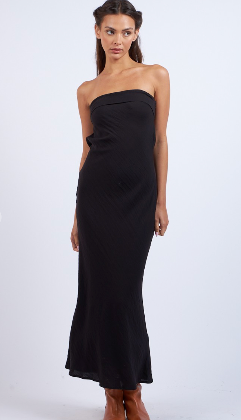 Strapless Satin Midi Dress Black