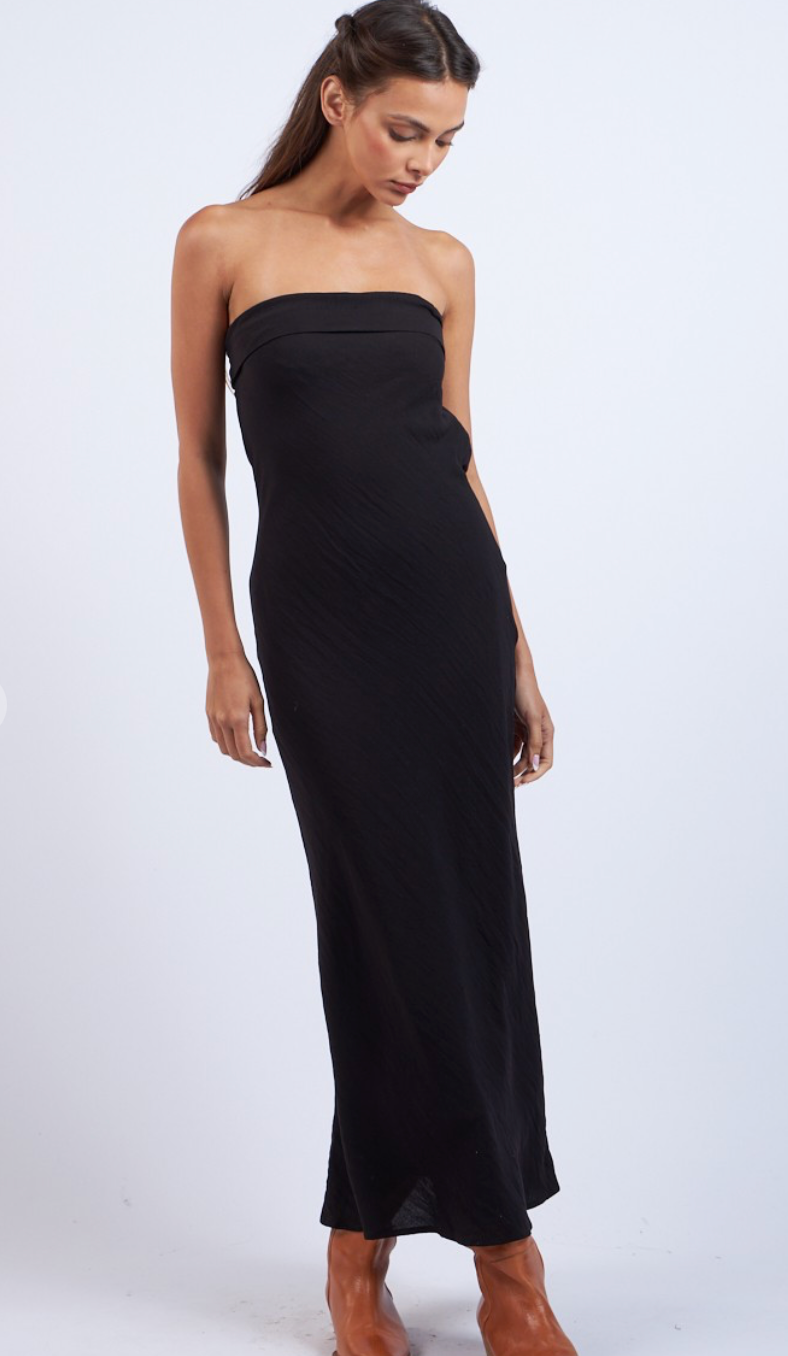 Strapless Satin Midi Dress Black