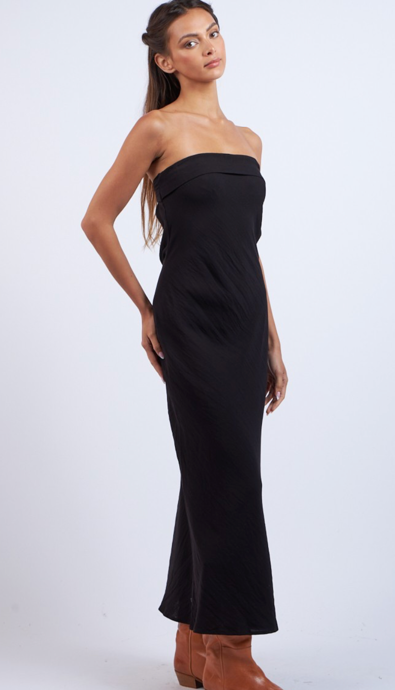 Strapless Satin Midi Dress Black