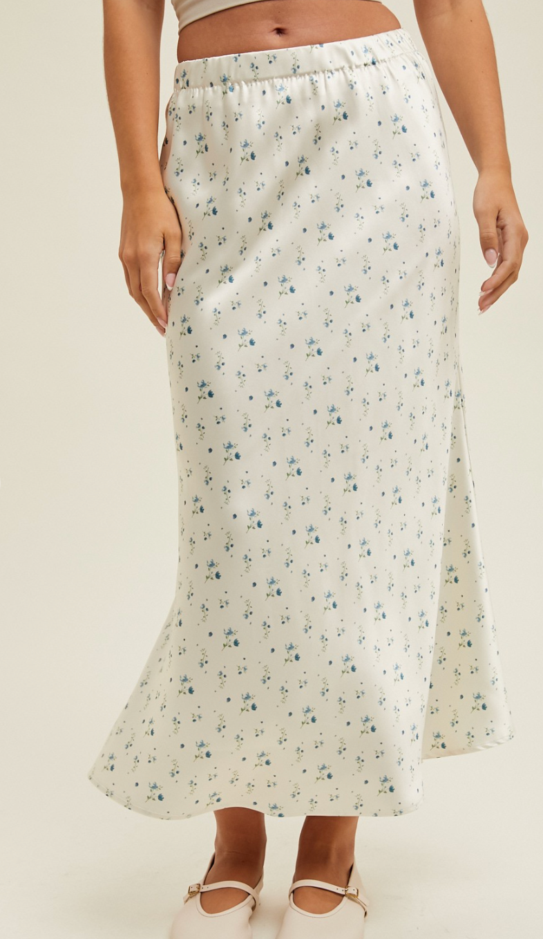 Blue Floral Satin Midi Skirt