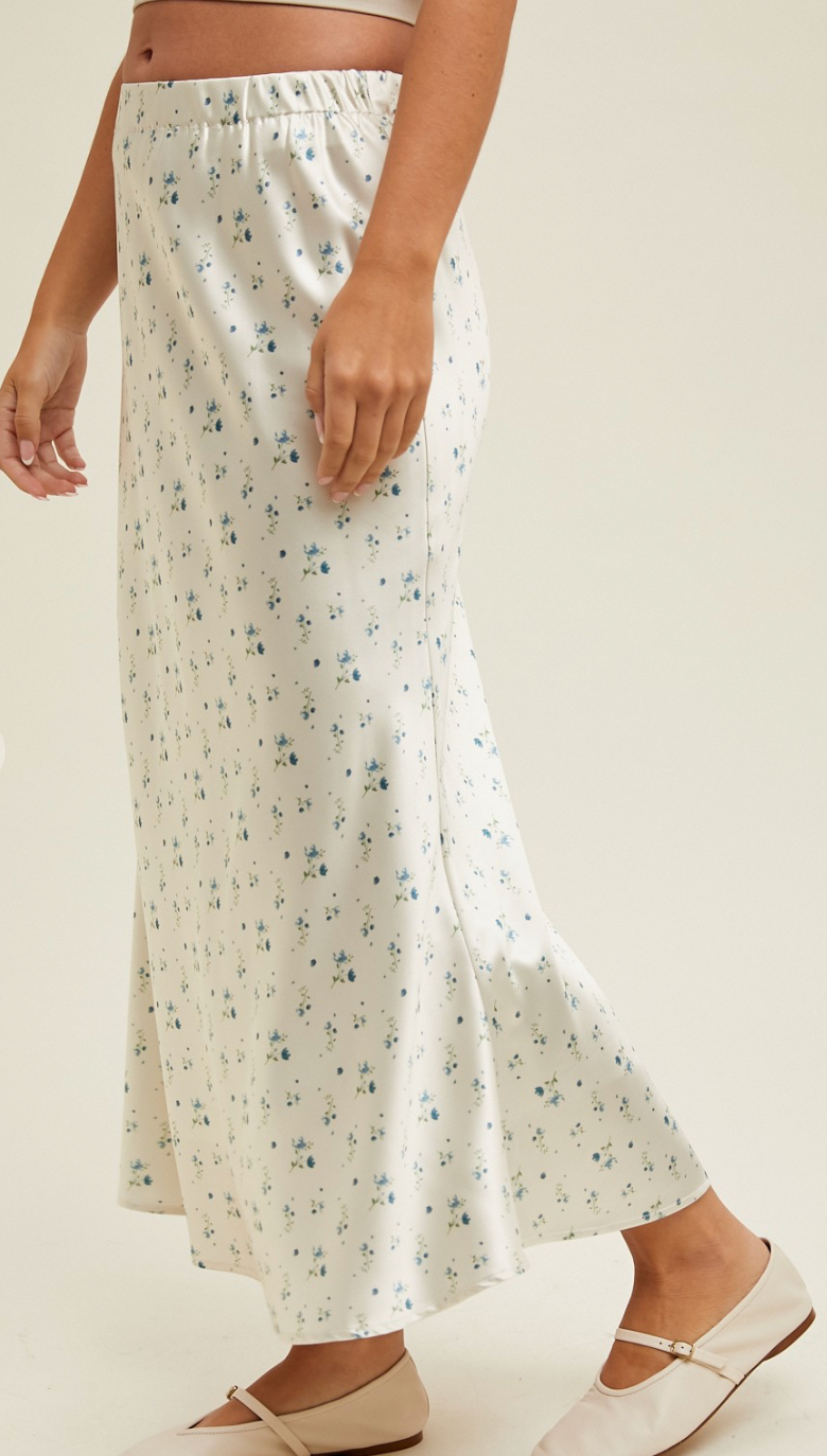 Blue Floral Satin Midi Skirt