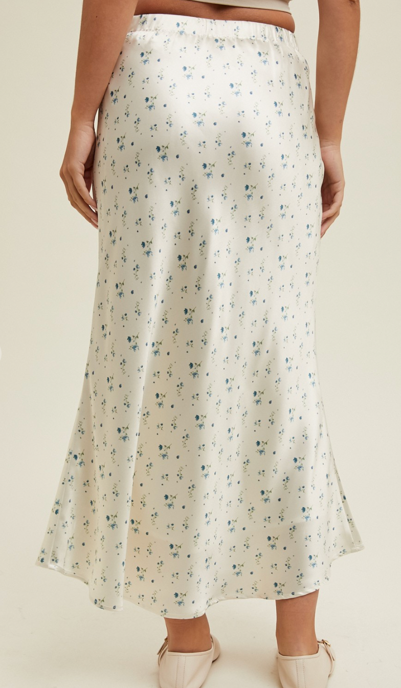 Blue Floral Satin Midi Skirt