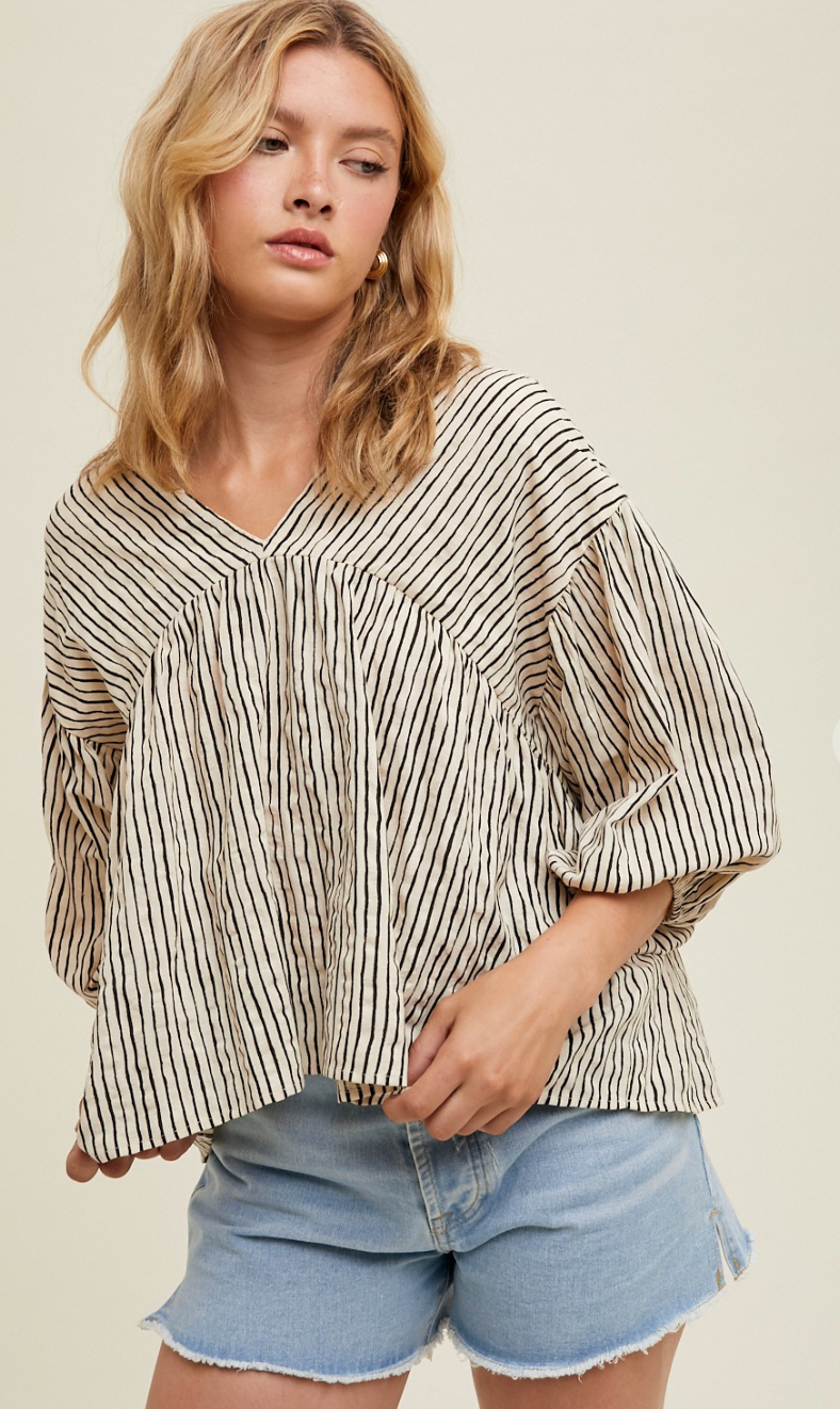 Stripe Balloon Sleeve Blouse