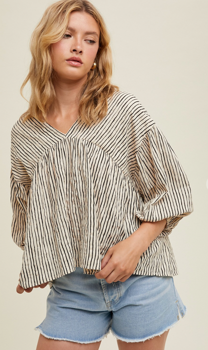 Stripe Balloon Sleeve Blouse