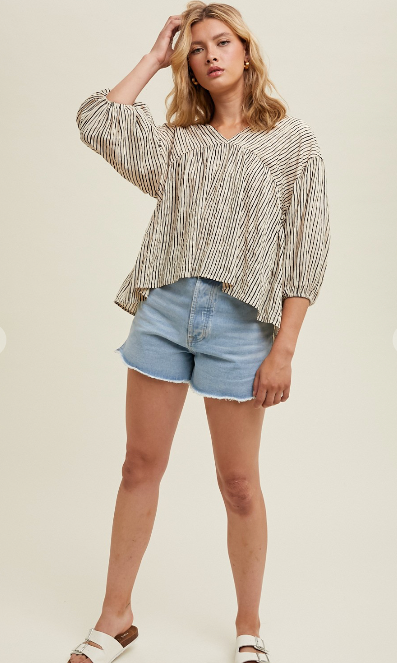 Stripe Balloon Sleeve Blouse