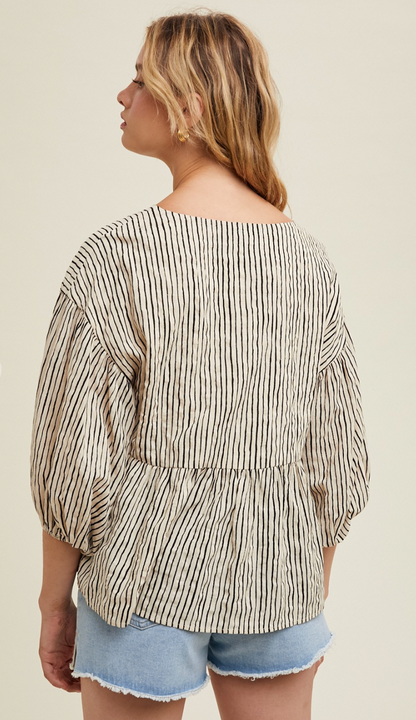 Stripe Balloon Sleeve Blouse