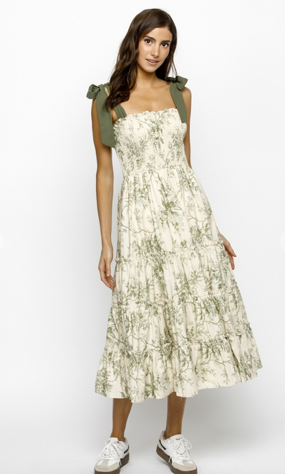 Green Floral Smock Tie Strap Dress