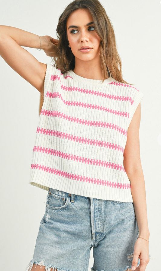 Crewneck Striped Sweater Vest Ivory/Pink