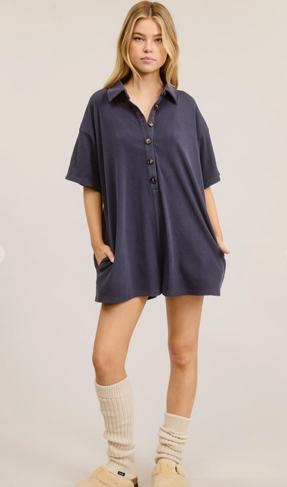 Button Down Collared Romper Navy