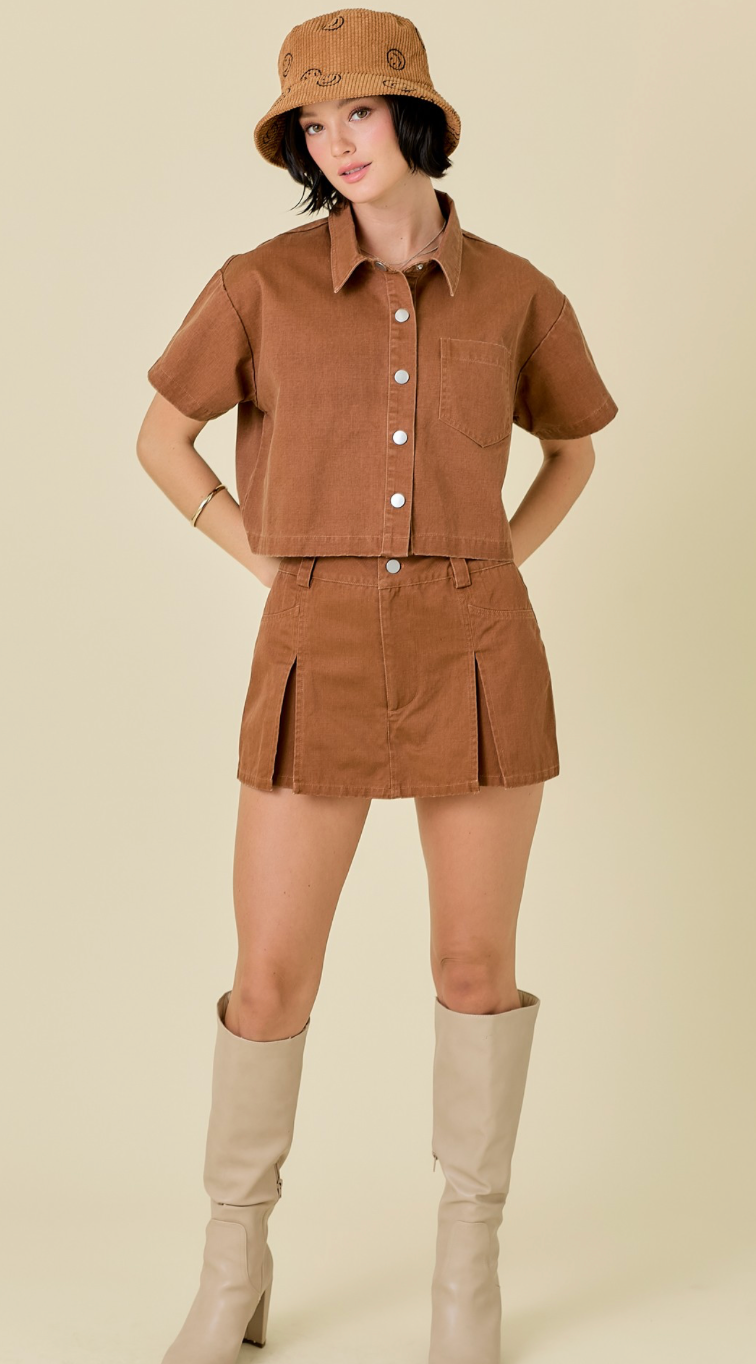 Brown Pleat Detail Skort