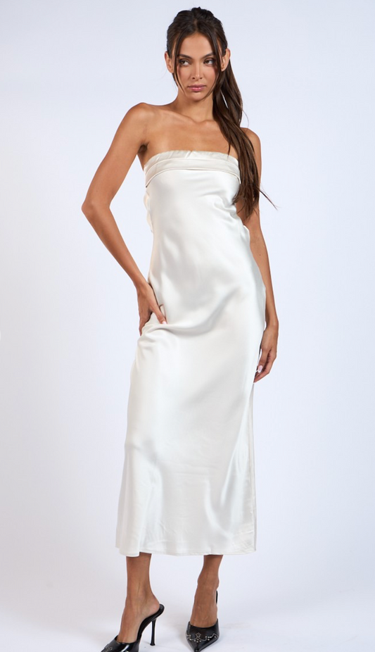 Strapless Satin Midi Dress Cream