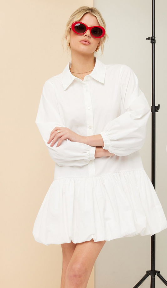 Bubble Hem Shirt Dress White