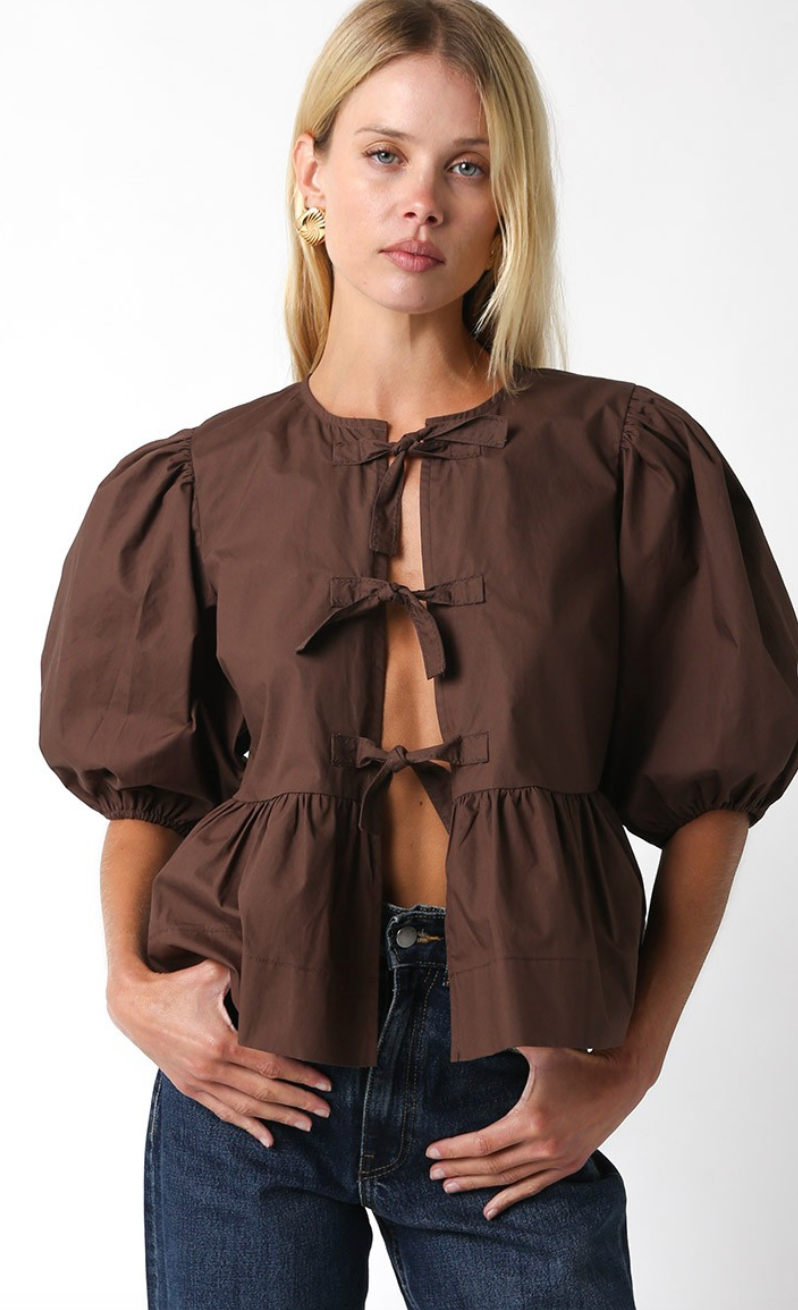 Alice Ties Puff Sleeve Top Chocolate