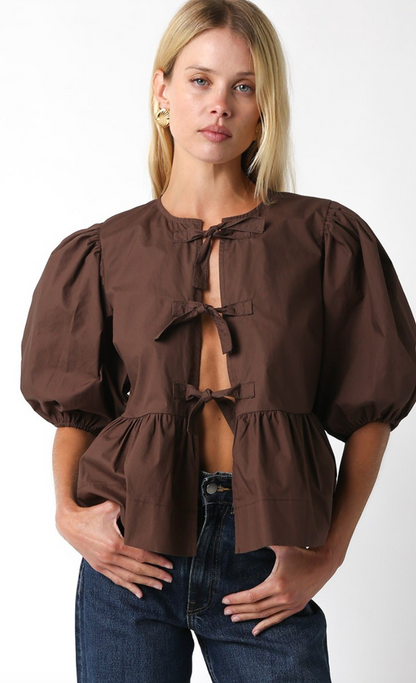 Alice Ties Puff Sleeve Top Chocolate