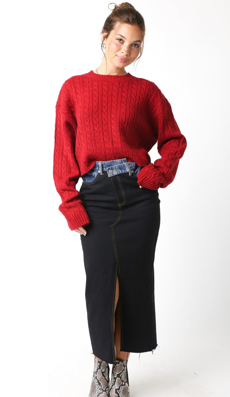 Cable Knit Crop Sweater Red