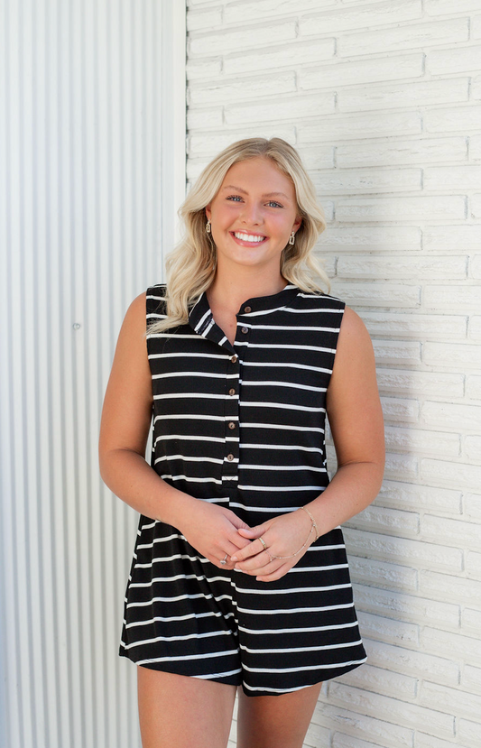 Stripe Button Up Romper Black/White