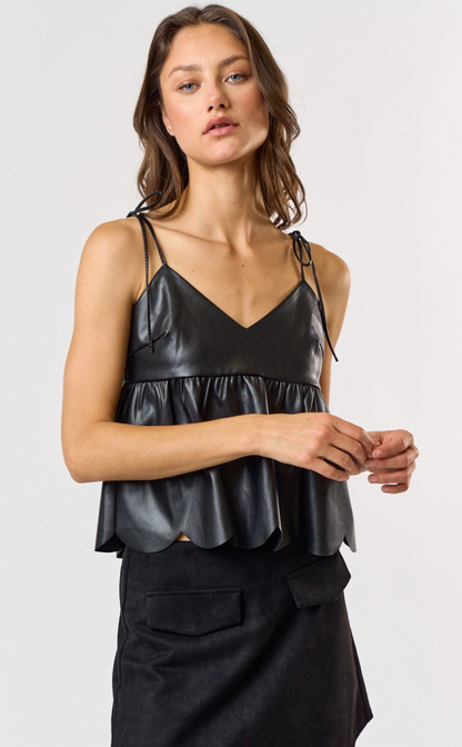 Black Scallop Pleather Top