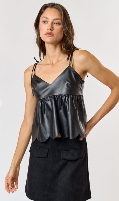 Black Scallop Pleather Top