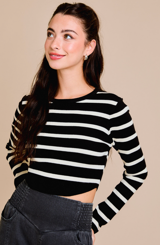 Stripe Long Sleeve Knit Top Black