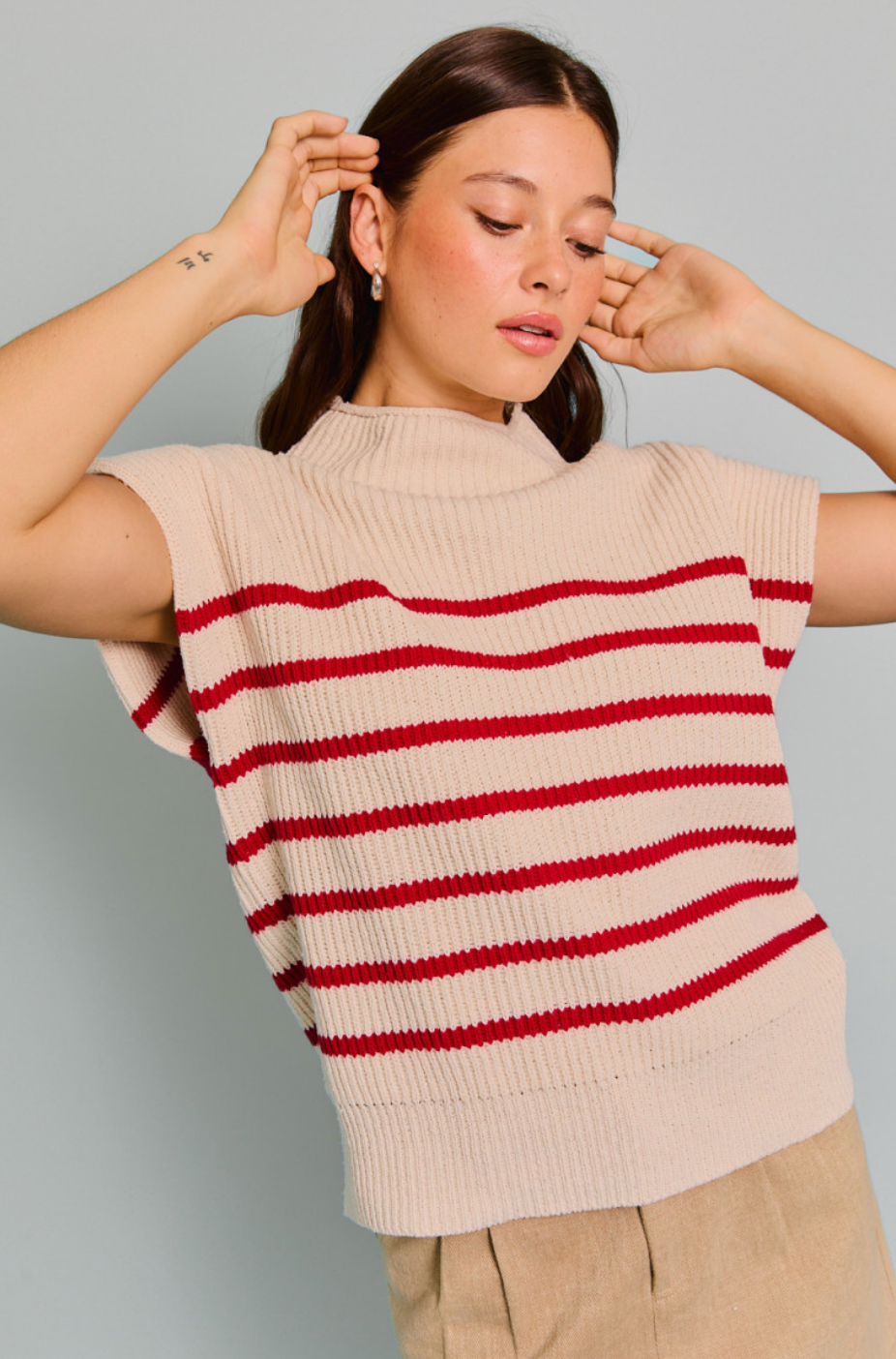 Short Sleeve Stripe Sweater Red/Cream