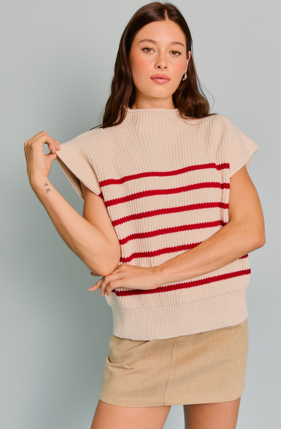 Short Sleeve Stripe Sweater Red/Cream