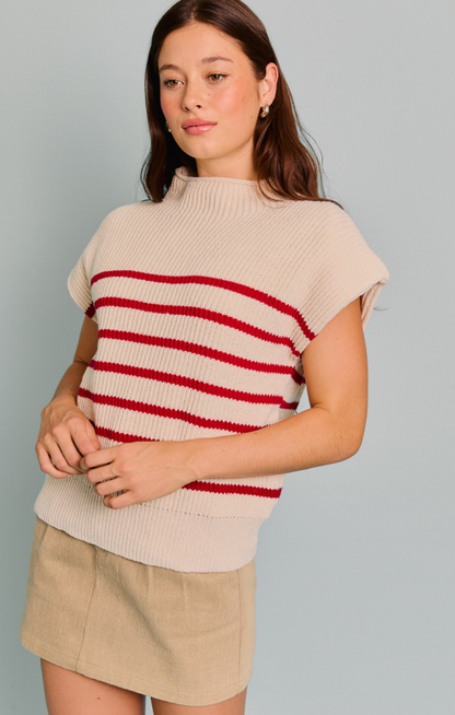 Short Sleeve Stripe Sweater Red/Cream