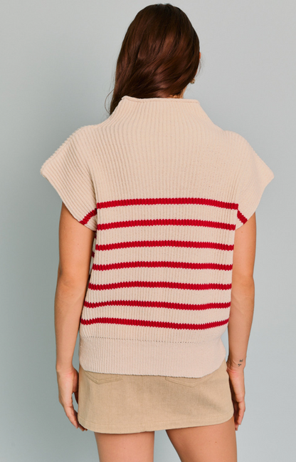 Short Sleeve Stripe Sweater Red/Cream