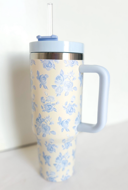 Cream & Blue Floral Tumbler