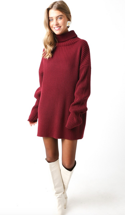 Turtleneck Sweater Dress Wine